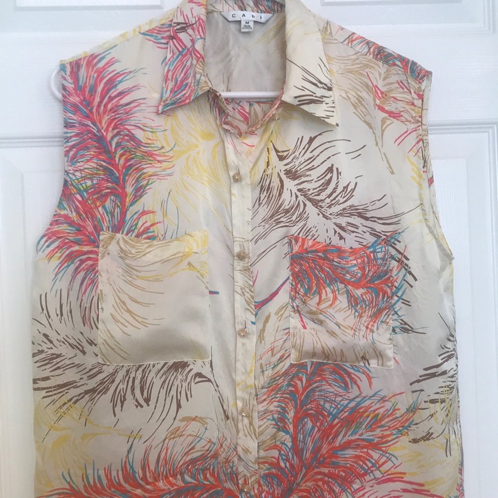 CAbi Tunic Blouse Feather Print Silk Sz M